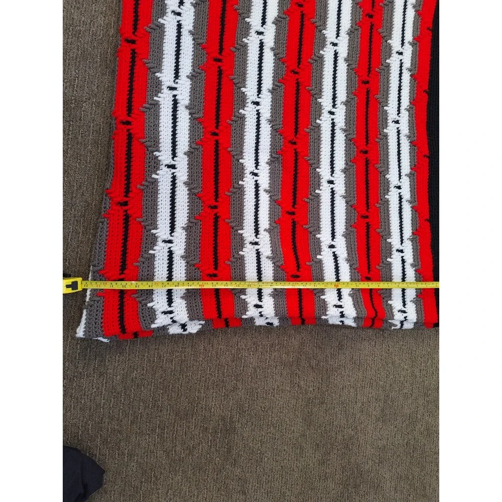 Vintage Handmade Crochet Afghan Blanket Red White Grey Black Stripe Fringe Throw